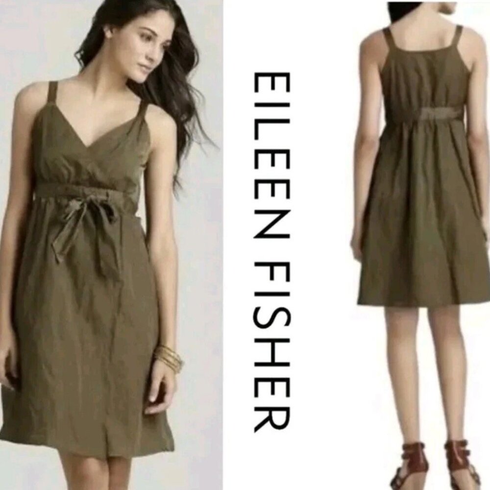 Stunning Eileen Fisher 24W Olivine Satin Faux Wrap Dress Luminous Metallic Weave